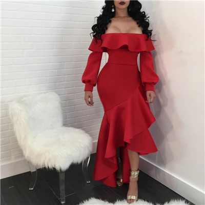 red dress Adogirl гофрированное Макси вечернее платье с открытыми плечами осень зима женское сексуальное платье с длинным рукавом с вырезом лодочкой - Цвет: red dress