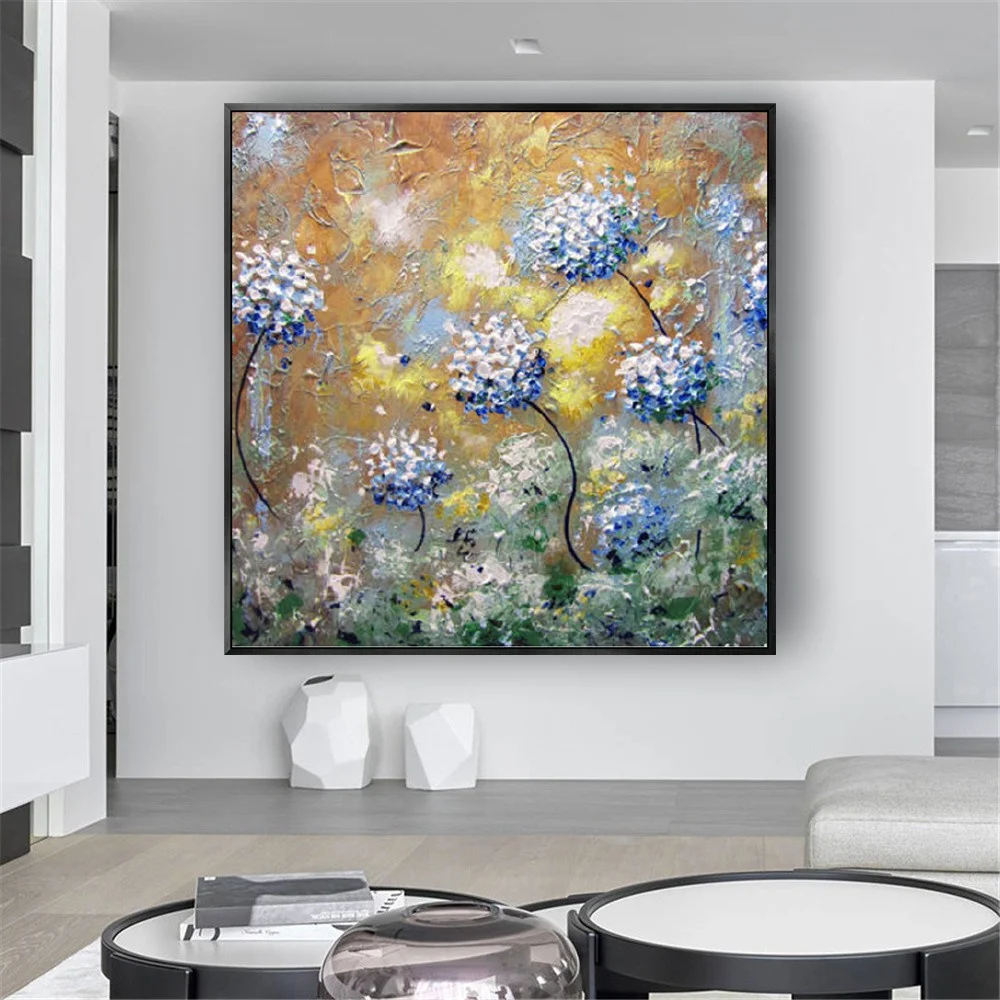 

100% Hand-painted oil painting Flower Wall Art Canvas Painting blue Floral picture for home Living Room Home Wall Decor Pictures