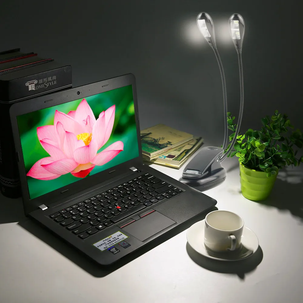 LED 독서 램프 USB 듀얼 암 4 LED 유연한 책 시트 음악 스탠드 라이트 독서 등 클립이있는 학생 기숙사 조명