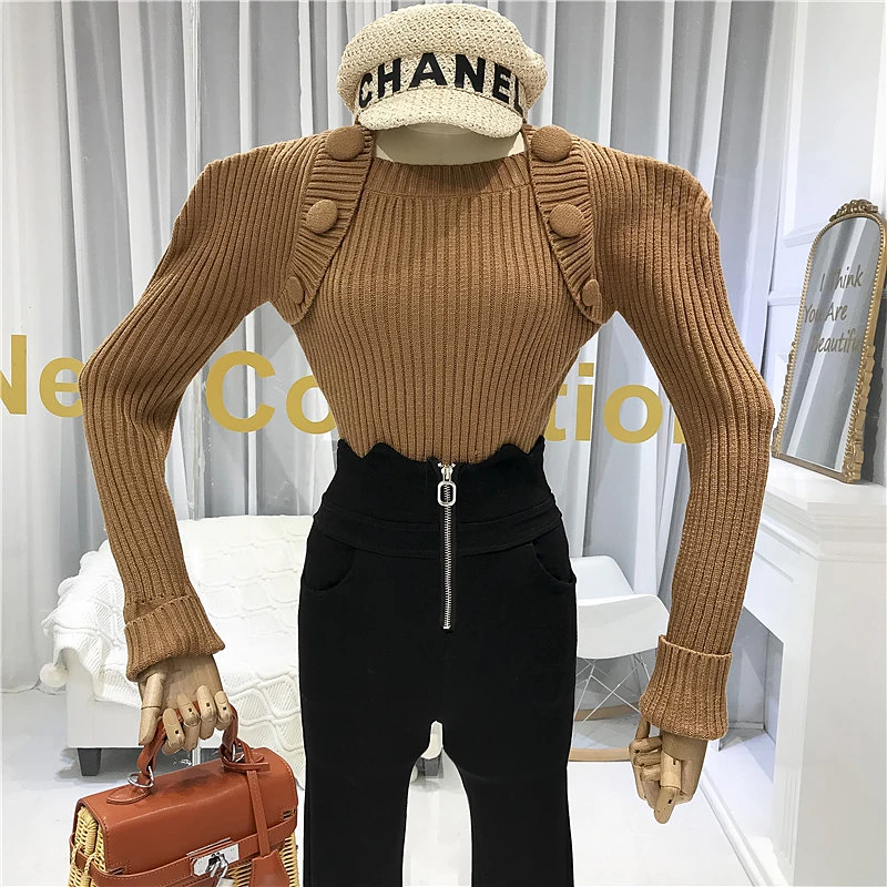 

Designer Women Sweater O-Neck Button High Street Warm Women's Sweaters with Long Sleeve Knitted Sweater with Cut gray