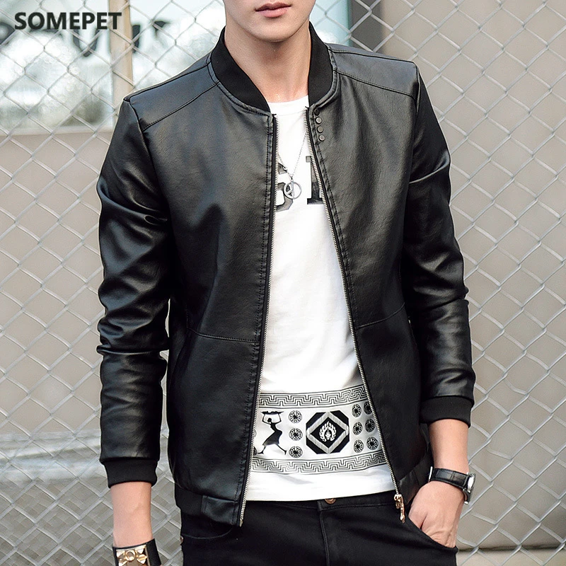 Abrigo de cuero para hombre, chaquetas ajustadas coreanas de cuero con cuello de béisbol, de vestir informales a la moda, color negro, Otoño e Invierno|Abrigos piel sintética| - AliExpress