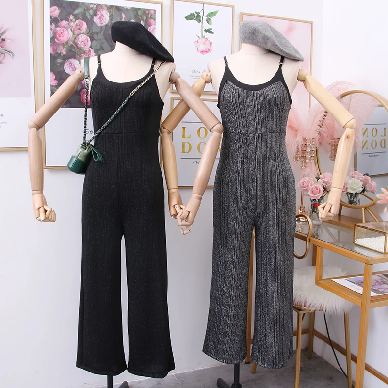 

New fashion wild v-neck bright silk waist was thin sling jumpsuits wide leg pants casual pants nine points pants