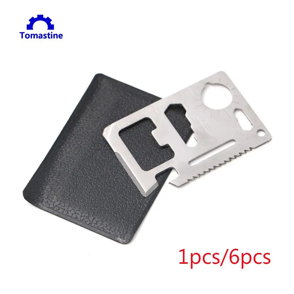 

1pcs/6pcs Multi-function Knife Blade Card Tool Camping Pocket Saber Sawtooth Wrench Screwdriver Bottle Opener with Black Holster