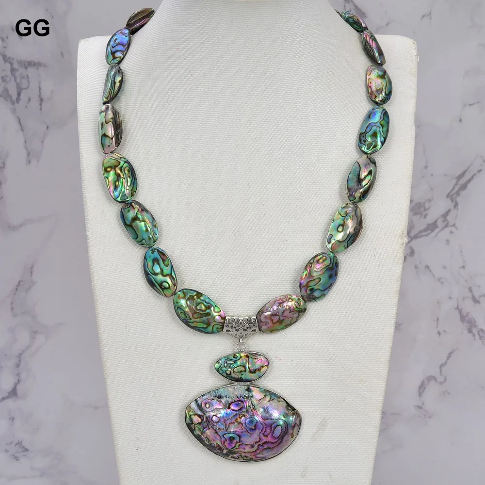 Collana Con Ciondolo Ala In Conchiglia Paua Blu Verde | 32mm Su Catena 45,7cm