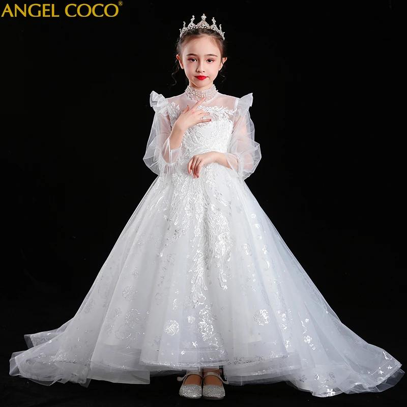 Белые Платья с цветочным узором для девочек, фатиновое платье для свадьбы, кружевное длинное платье для девочек вечерние платья на Рождество детский костюм принцессы для детей