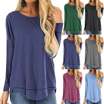 

Amazon Explosion Women's 2020 Fall Winter Round Neck Long Sleeve T-Shirt Solid Color Loose Top Front Short Rear Tuxedo