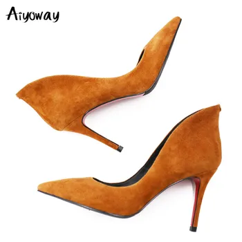 

Aiyoway Fashion Woman Concise Office Shoes Fashion Pointed Toe Women Pumps Flock Shallow High Heels Women's Party Shoes Big Size