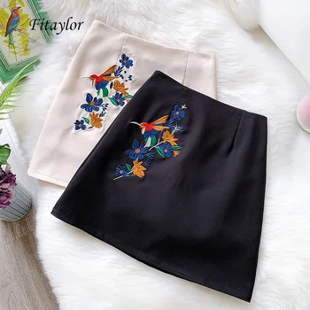 

Fitaylor New Summer Women Vintage Floral Embroidery Skirts Slim High Waist Office Lady A-line Skirt Female Elegant Short Skirt