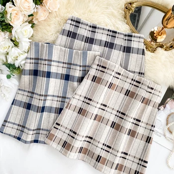 

Foamlina 2019 New Autumn Winter Mini Skirt Women Vintage Style Plaid Print Pencil Skirt High Waist A Shape Sexy Girls Skirt