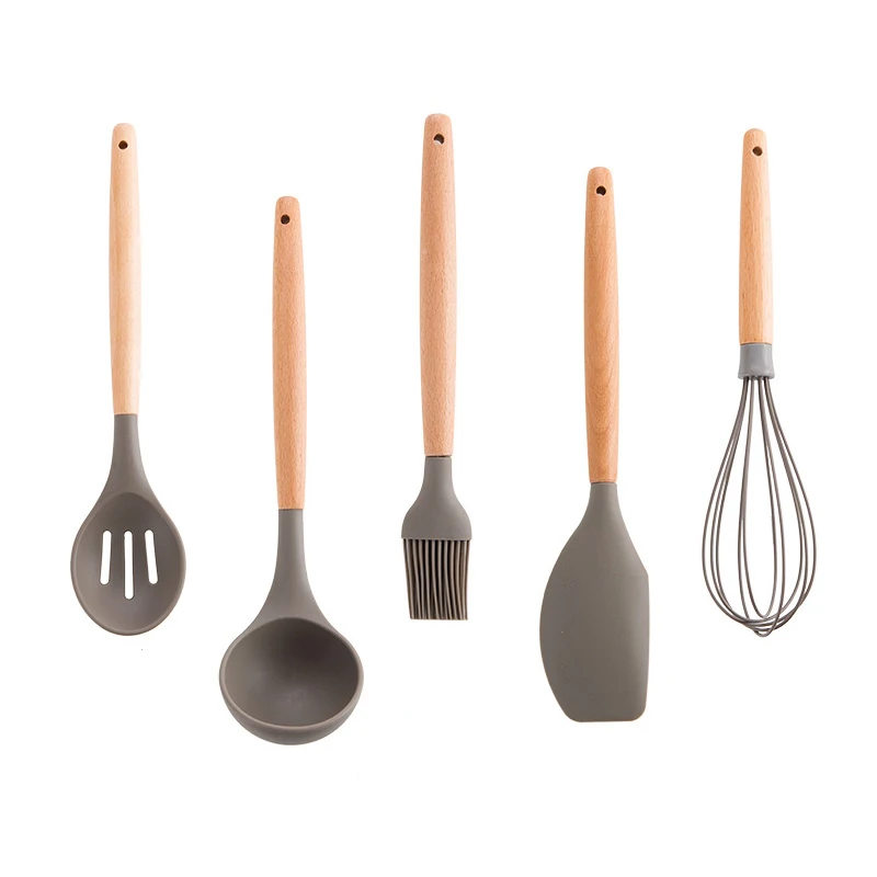 

Kitchen Silicone Non-Stick Cooking Tools Spoon Spatula Egg Beaters With Wood Handle Utensils Dinnerware Set Accessories Supplies