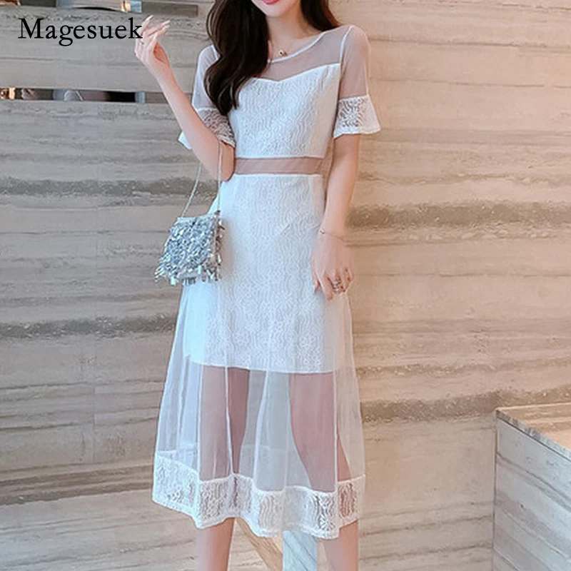 

Новые летние корейские белое кружевное платье с длинными рукавами в платье, с вышивкой, с короткими рукава Вечерние платья с завышенной талией кружевные сексуальные длинные платья Robe Femme 14569