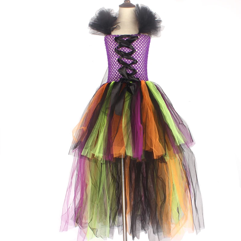 Платье-пачка ведьмы на хеллоуин для девочек; Радужное платье со шлейфом из тюля; детское карнавальное платье для костюмированной вечеринки; детское нарядное бальное платье; костюм