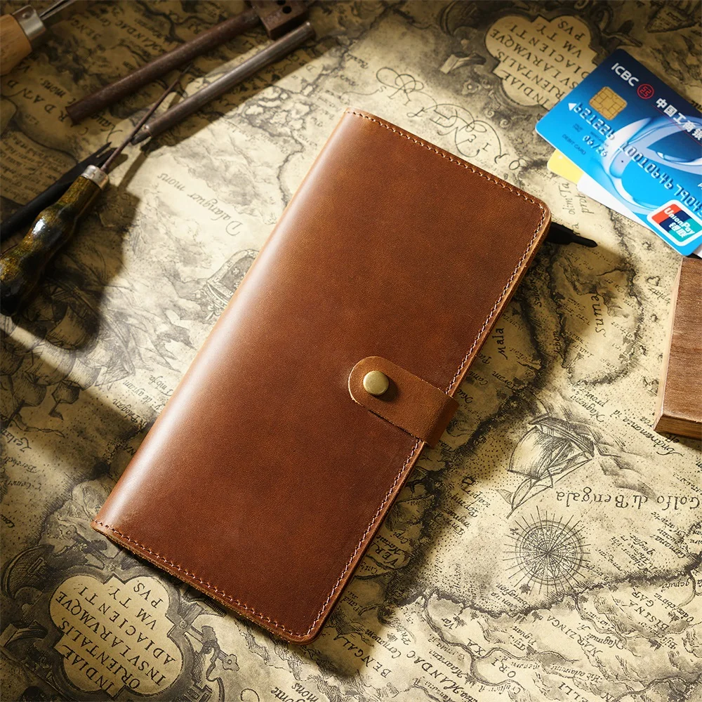 Men's Long Wallet Genuine Leather Travel Business Retro Wallets Casual Solid Card Holder Cowhide  Button Design Multifunction