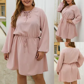 

Winter Women Loose O-Neck Long Sleeve Solid Color Tie Waist Casual Mini Dress Dropshipping 2020 winter fashion Retro trend size