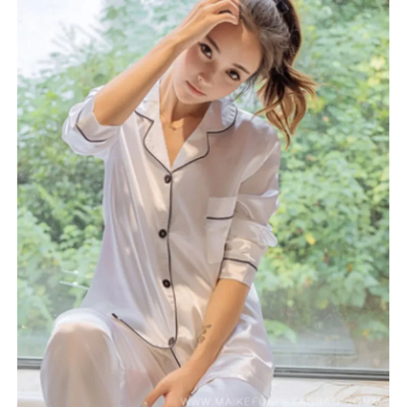 Женская летняя повседневная домашняя одежда для сна, пижамные комплекты с длинными рукавами, домашний костюм, одежда для сна - Цвет: Белый