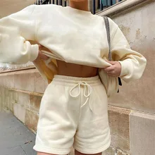 Set 2021 Autumn Women's Casual Solid Fleece Thickened Loose Long Sleeve Sweater Bag Hip Shorts Set Women's Dress платье женское