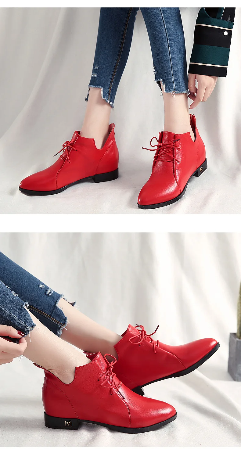 Women's shoes spring and autumn new pointed toe high-heeled short boots thick heel red leather Martin Harajuku boots