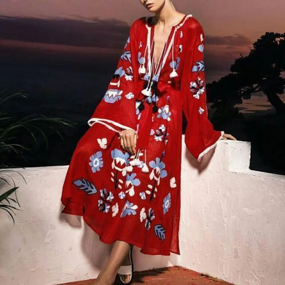 Women Boho Dress Red Loose Lace Up Travel Beach Dresses Ethnic Print Split Floral Long Sleeve Fringed Tassel Summer Sundress | Женская