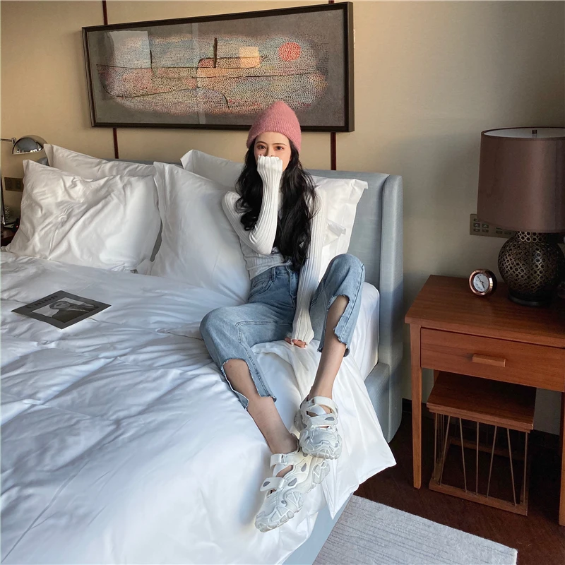 EAD, корейский стиль, высокая талия, свободные, прямые брюки, женские,, Осенние, новые, повседневные, дикие джинсы, девять точек, брюки, индивидуальная Мода