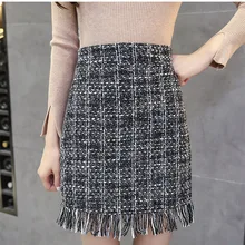 Модная пикантная Женская шерстяная мини-юбка на осень и зиму, винтажная прямая клетчатая юбка с кисточками, приталенная юбка, повседневные свободные юбки