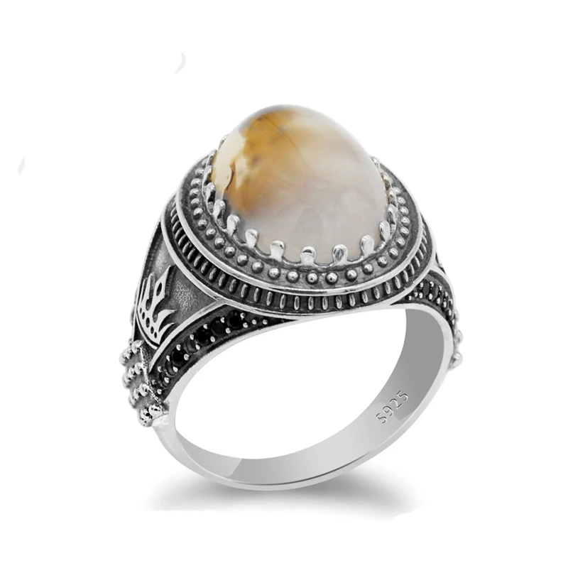 Твердое 925 пробы Серебряное мужское кольцо с большим натуральный камень оникс Ретро тайское серебряное кольцо на палец для мужчин модное турецкое ювелирное изделие