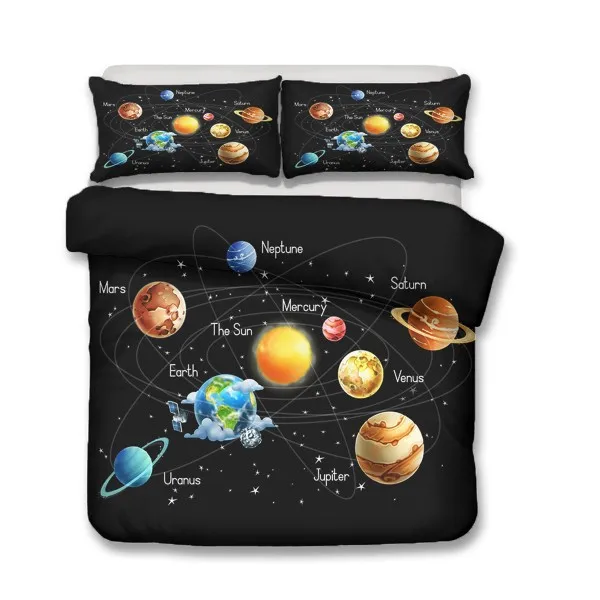 Color-1 Мультяшная солнечная система пододеяльник набор Galaxy Planets постельные принадлежности мягкая микрофибра односпальная двуспальная кровать наборы наволочка черный фон - Цвет: Color-1