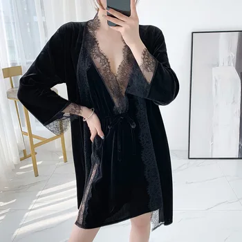 

Autumn and winter velvet sexy hollow sling lace nightdress two-piece home service net red hot style chemise de nuit femme