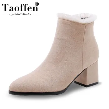 

Taoffen Simple Ankle Boots For Women Autumn Winter Warm Square Heels Shoes Pointed Toe Solid Color Women Boots Size 31-43
