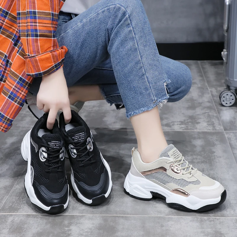 

Black Beige Breathable Air Mesh Sneakers Women 2019 Spring Autumn Shoes Women Sneakers Platform Fashion Vulcanized Shoes
