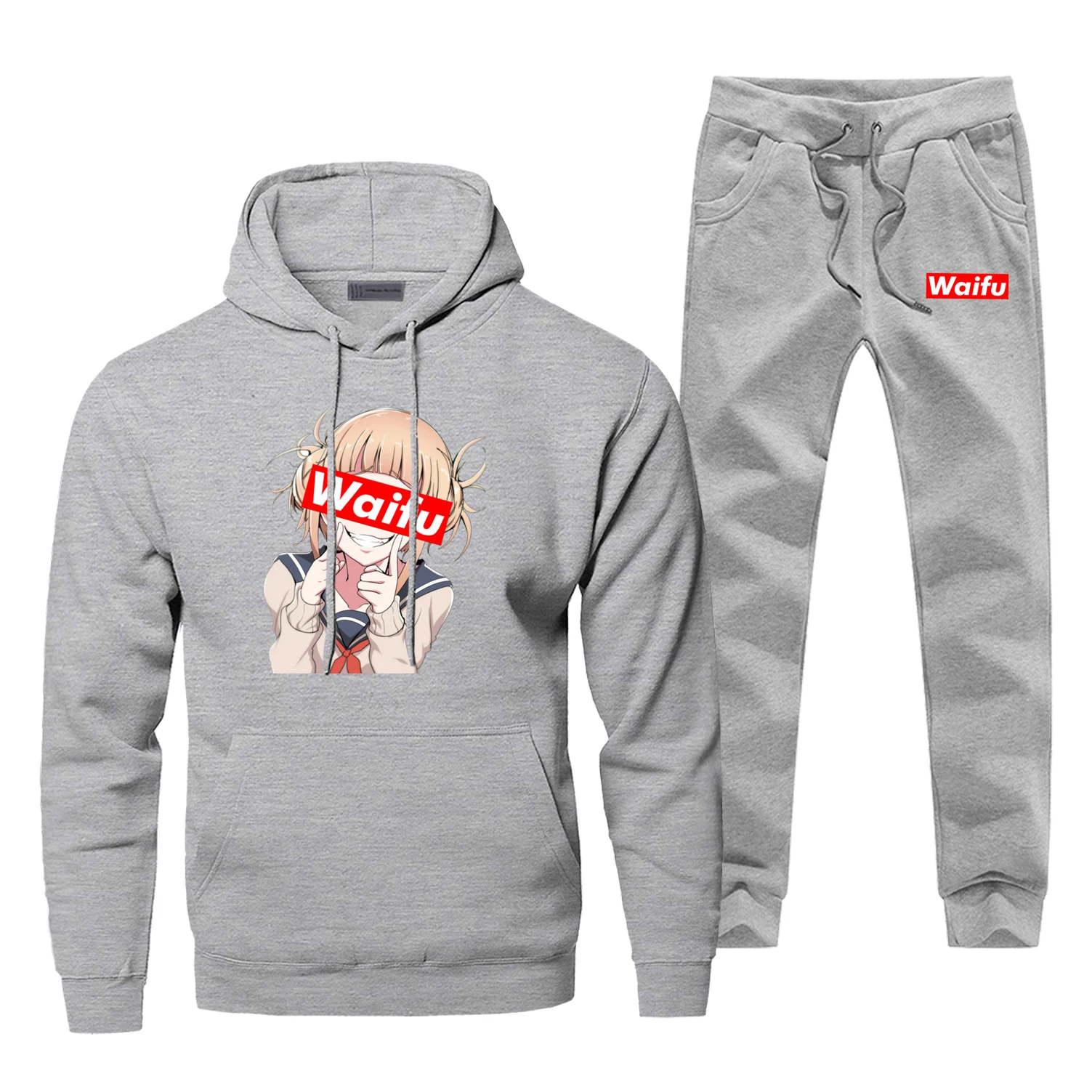 Waifu мужская толстовка с капюшоном, Мужские штаны, комплект, толстовка японская аниме, мужские толстовки с капюшоном, комплекты из двух предметов, штаны, пуловер, 2 шт., Пальто Harajuku - Цвет: Gray