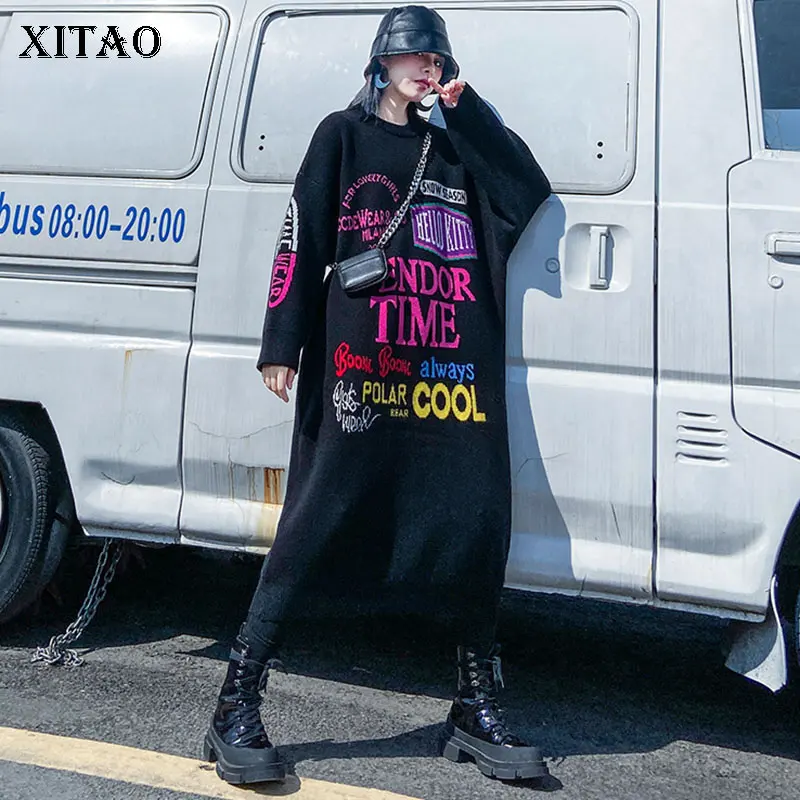 XITAO трендовые платья с буквенным принтом уличная мода свободное женское платье