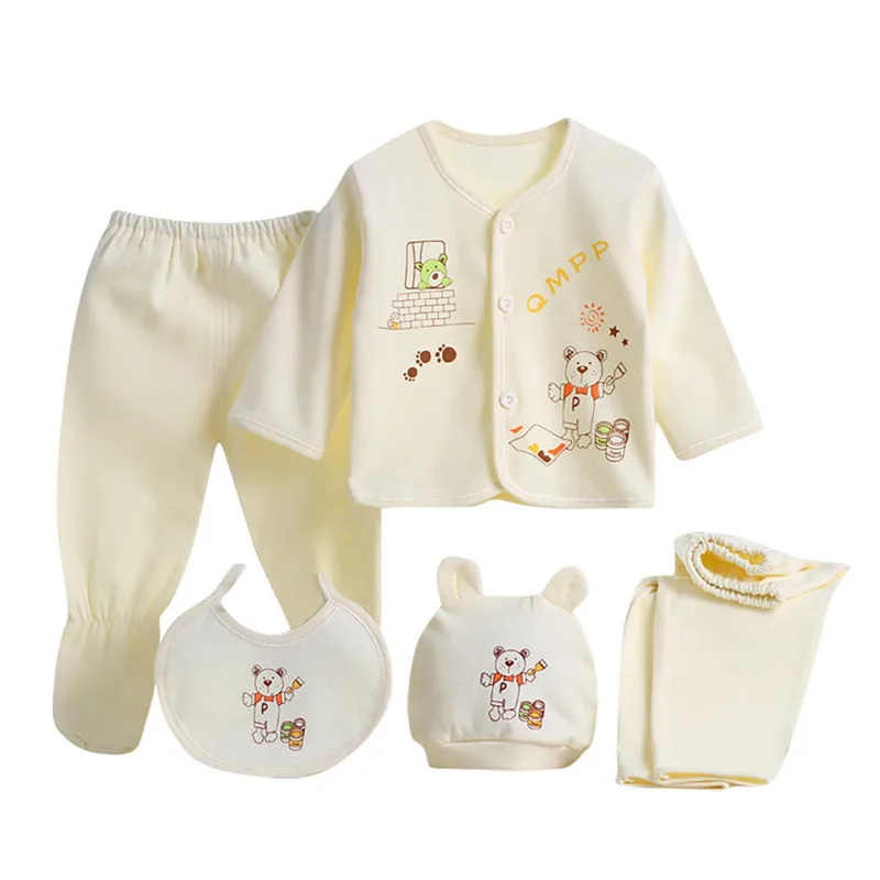 baby clothes 5PCS Newborn Baby Boy Girl Cartoon Long Sleeve Tops+Hat+Pants+Bib Outfits Set ubranka dla niemowlat#4S06 - Цвет: Цвет: желтый