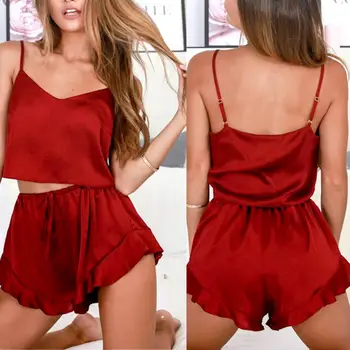 

Women Sexy Sleepwear Set Spaghetti Straps Cropped Camisole Ruffled Hem Shorts