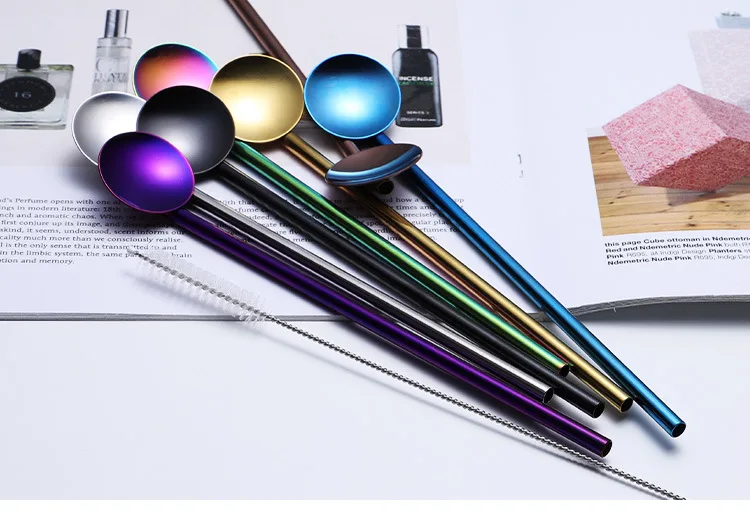 304 Stainless Steel PVD Titanium Straw Multi-Color-Repeat Utility Straw Set Gift Set Cross Border Stirring Spoon