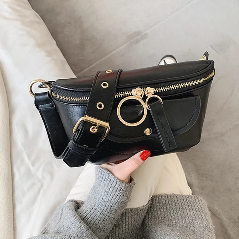 

Ladies New Retro Punk Style Double Zip Chest Bag Pure Color Multi-Pocket Belt Bag High Quality Messenger Bag Black Bags
