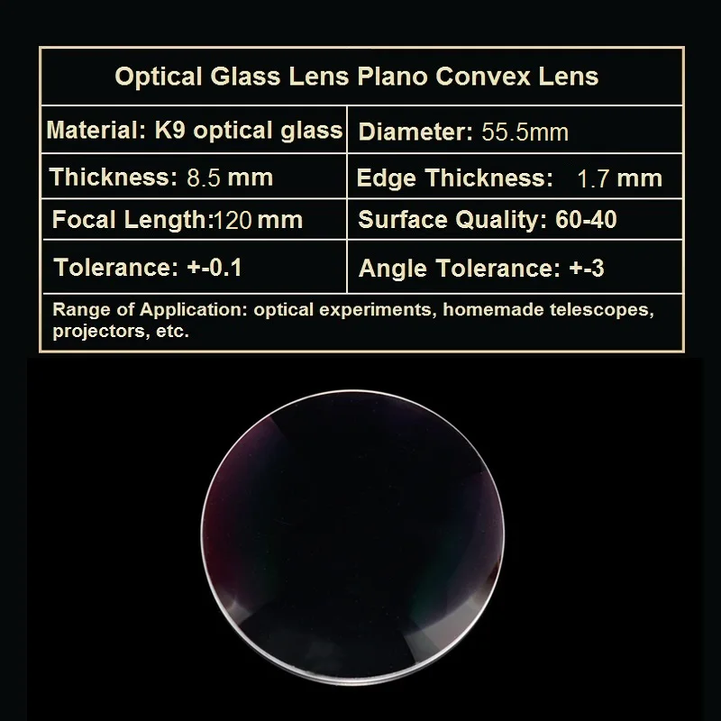 Plano Convex Lens Focal Length 120mm Diameter 55.5mm Spotlight Imaging Experiment Stage Lights K9 Optical Glass Lens Convex Lens