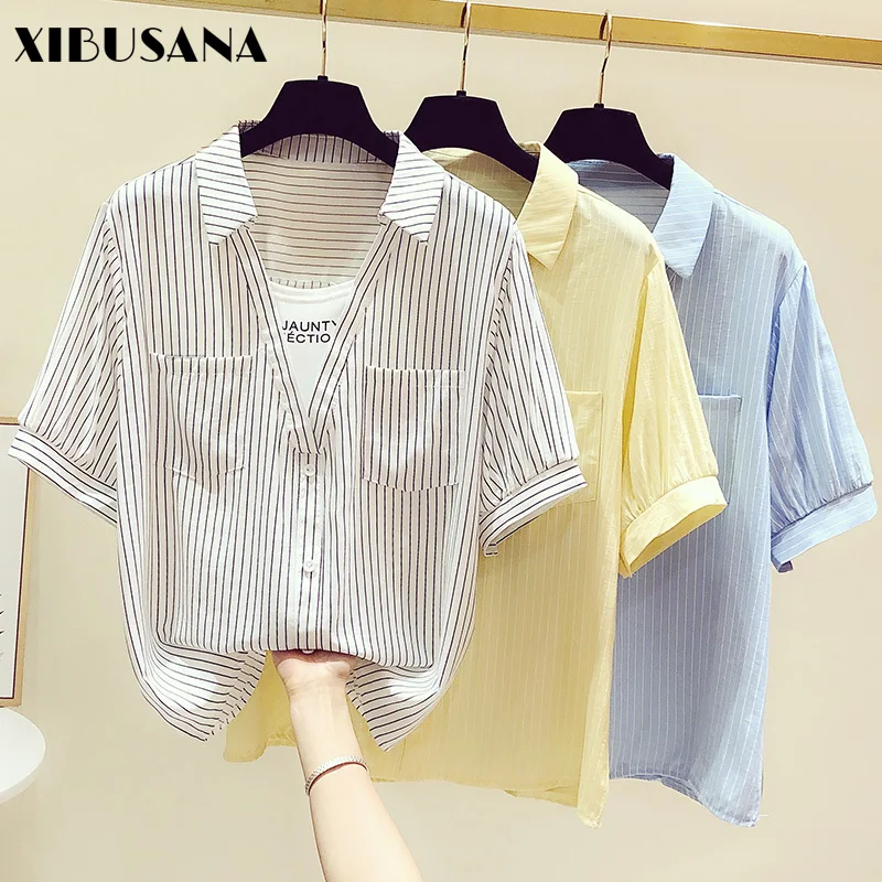 

Summer Sweet V-Neck Chiffon Tops Women Short Sleeve Solid Blouse Casual Female Single-breasted Striped Blousas With Pockets New