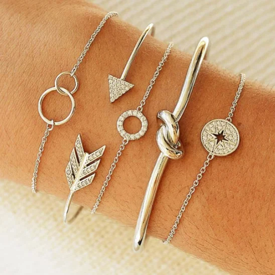 GTQ Vintage Silver 5 pcs/sets Bracelet for Women Ladies Round Geometric Design Bangles Crystal Stone Jewelry Accessories | Украшения и