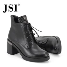 JSI/зимние женские ботинки до середины икры из натуральной кожи на шнуровке с круглым носком однотонные ботинки ручной работы на высоком квадратном каблуке Женская обувь, JC343
