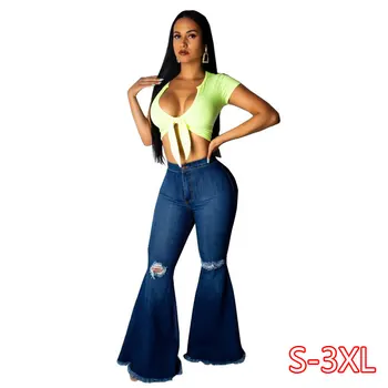 

Fashion Denim Flare Pants Women Retro Ripped Jeans Wide Leg Trousers Lady Casual Bell-Bottoms Flare Pants Female Jeans Woman