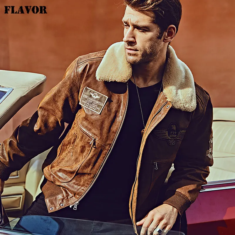 FLAVOR New Men's Real Leather Bomber Jacket with Removable Fur