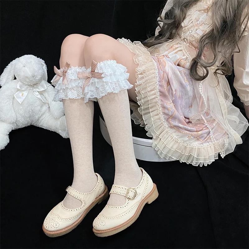 

lolita lace plaid bow stockings bow lace Harajuku kawaii stockings