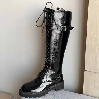 

Luxury brand riding boots women knight boots cow leather thick bottom lace up new winter keep warm thigh high boots botas mujer