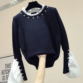 

Pearl Bead Stitching Ruffles Pullover Sweater Womens Autumn 2019 New Loose Fashion Black Knitted Sweater Short knit shirt Femme