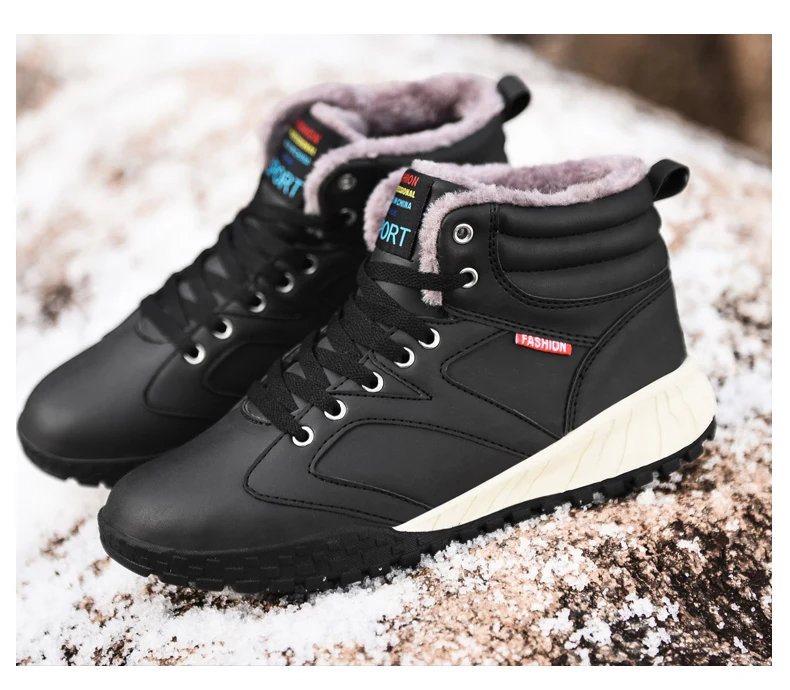 Men Boots Winter With Fur Plush Warm Ankle Snow Boots Rubber Work Waterproof Shoes Men Sneakers Male Casual Leather Boot