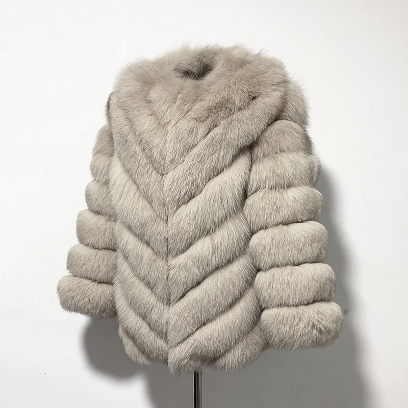 rf2053 Woman's Real Fox Fur Coat Winter Whole Leather Striped Pattern Natural Fur Jacket Warm Winter