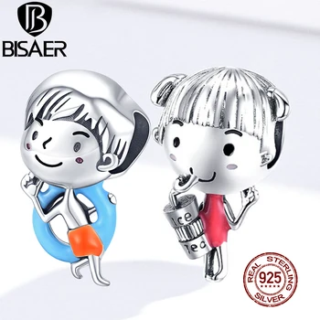 

BISAER Beads 925 Sterling Silver Seaside Boy & Girl Enamel Charms Pendant Fit Bracelet Necklace Friendship Jewelry Gift HSC1526