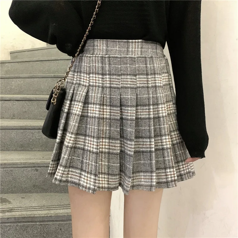 Винтажная юбка с высокой талией, теплая осенне-зимняя женская одежда, клетчатая короткая плиссированная юбка с высокой талией, клетчатая женская повседневная юбка