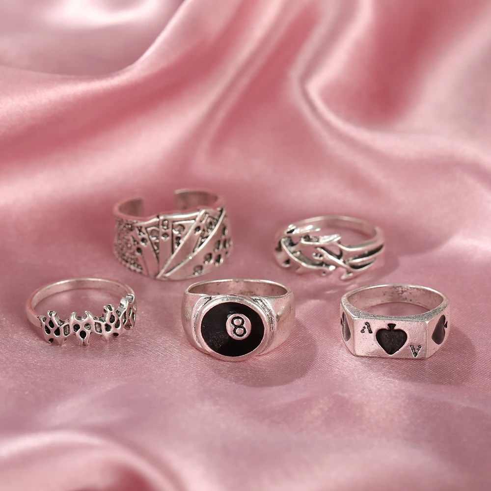 Punk Gothic Heart Ring Set for Women Black Dice Vintage Spades Ace Silver Plated Retro Rhinestone Charm Billiards Finger Jewelry