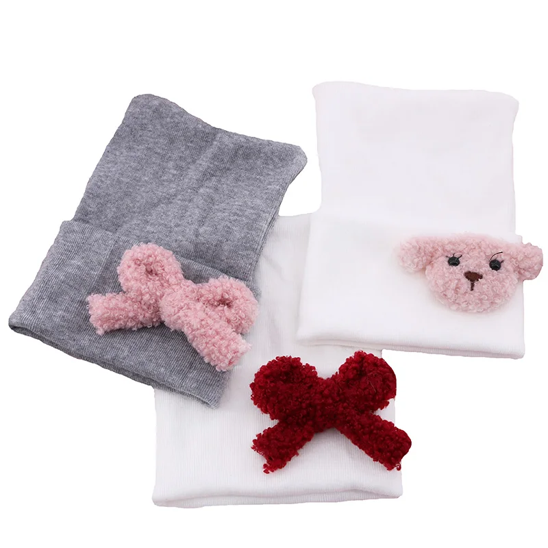 Baby Boy Girls White Bow hospital hat Soft 0-4 Month Baby Kids Teddy Bear Cotton Knit Caps and Bonnet new born Accessories